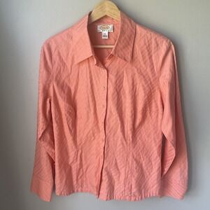 Vintage Talbots Long Sleeve Button Up Top Petite 10 SALMON‎ Fabric Stripe Design